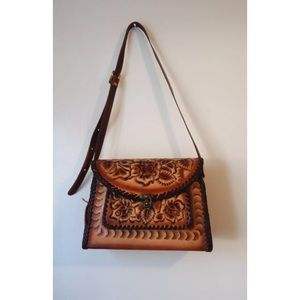 Rich Brown Tooled Leather Floral  Satchel/ Bag